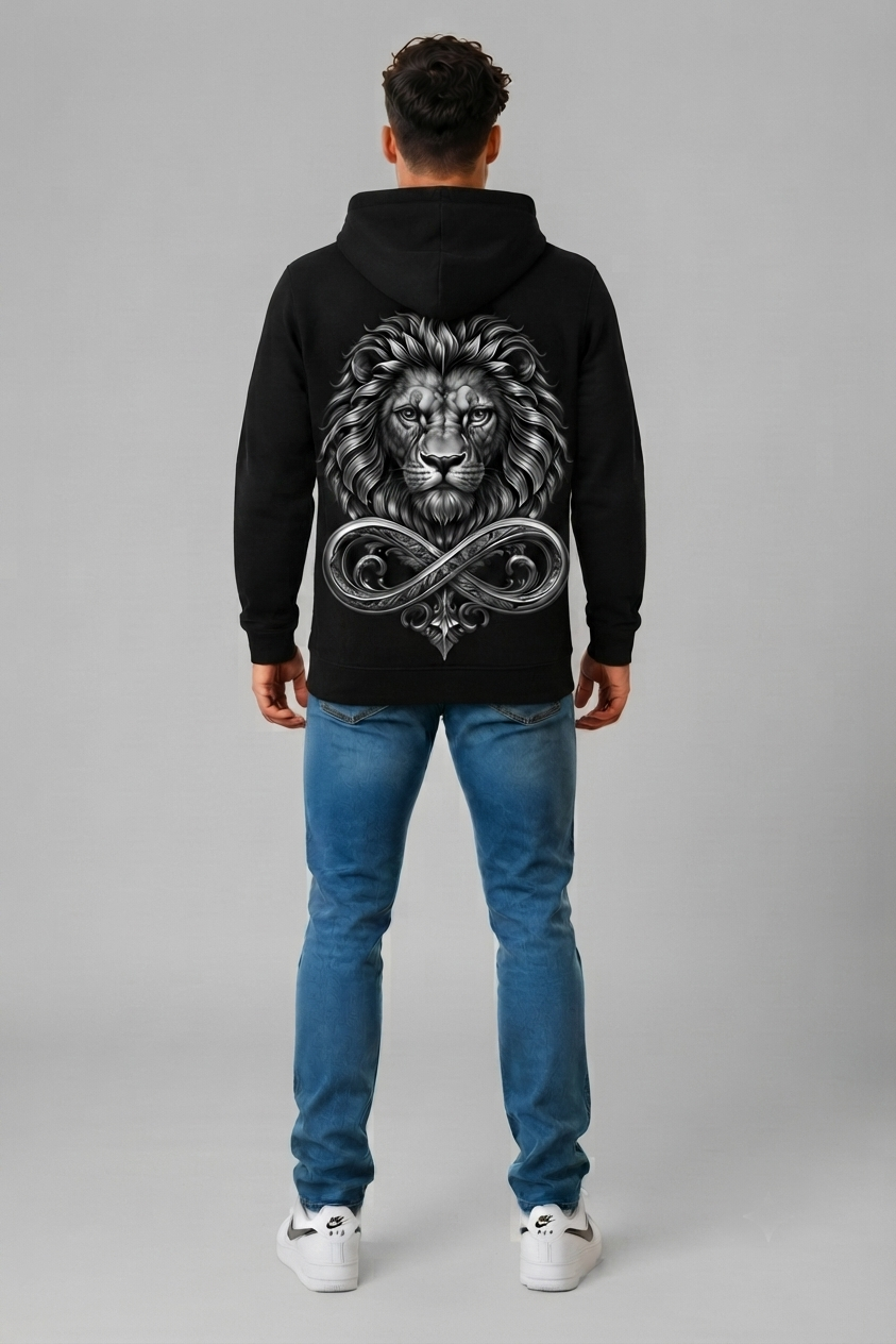 DOMIN8NY Lion graphic fleece hoodie, alternate lifestyle view