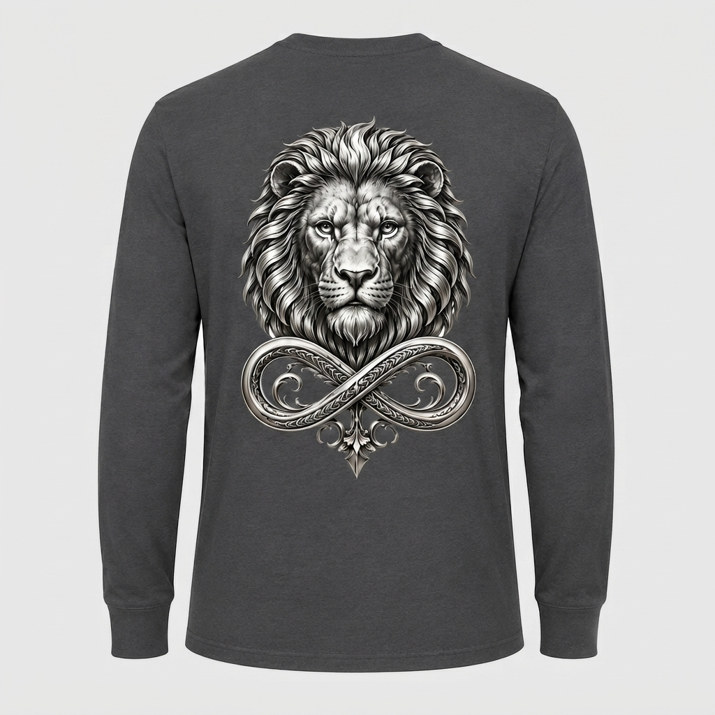 Model wearing the black DOMIN8NY Lion long-sleeve T-shirt, video preview