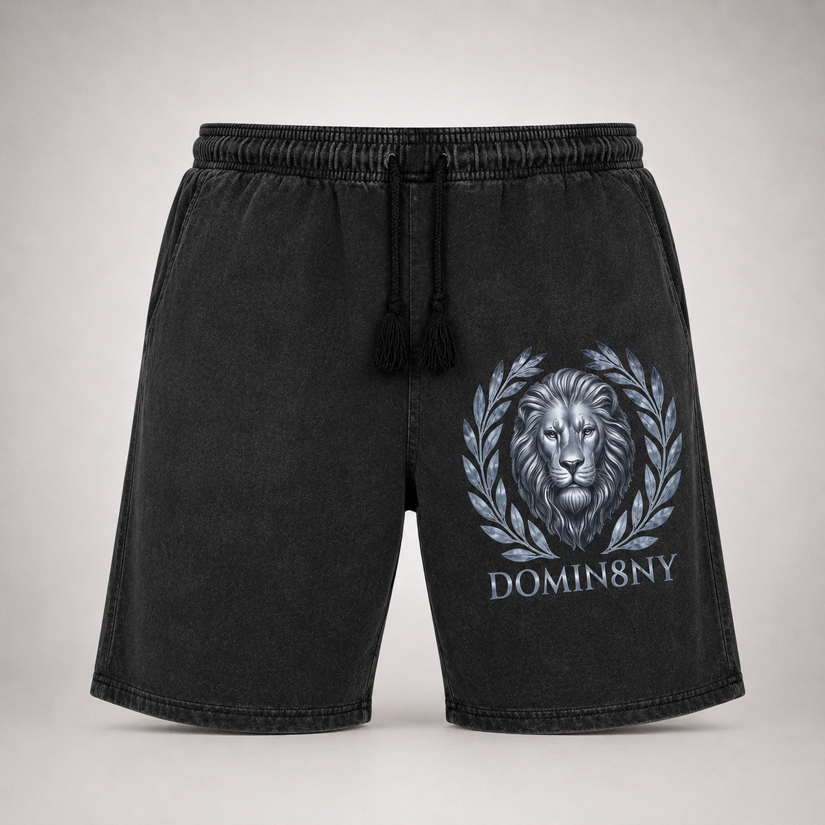 Model wearing the black DOMIN8NY Lion casual shorts, video preview