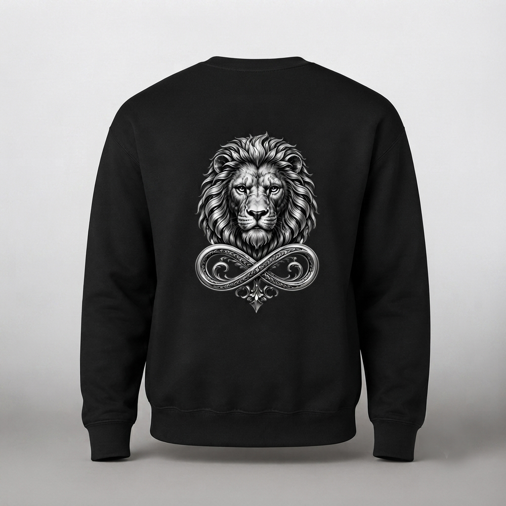 Model wearing the black DOMIN8NY Lion graphic sweatshirt, video preview