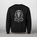 Model wearing the black DOMIN8NY Lion graphic sweatshirt, video preview