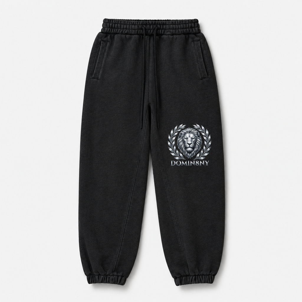 Model wearing the black DOMIN8NY Lion fleece sweatpants, video preview