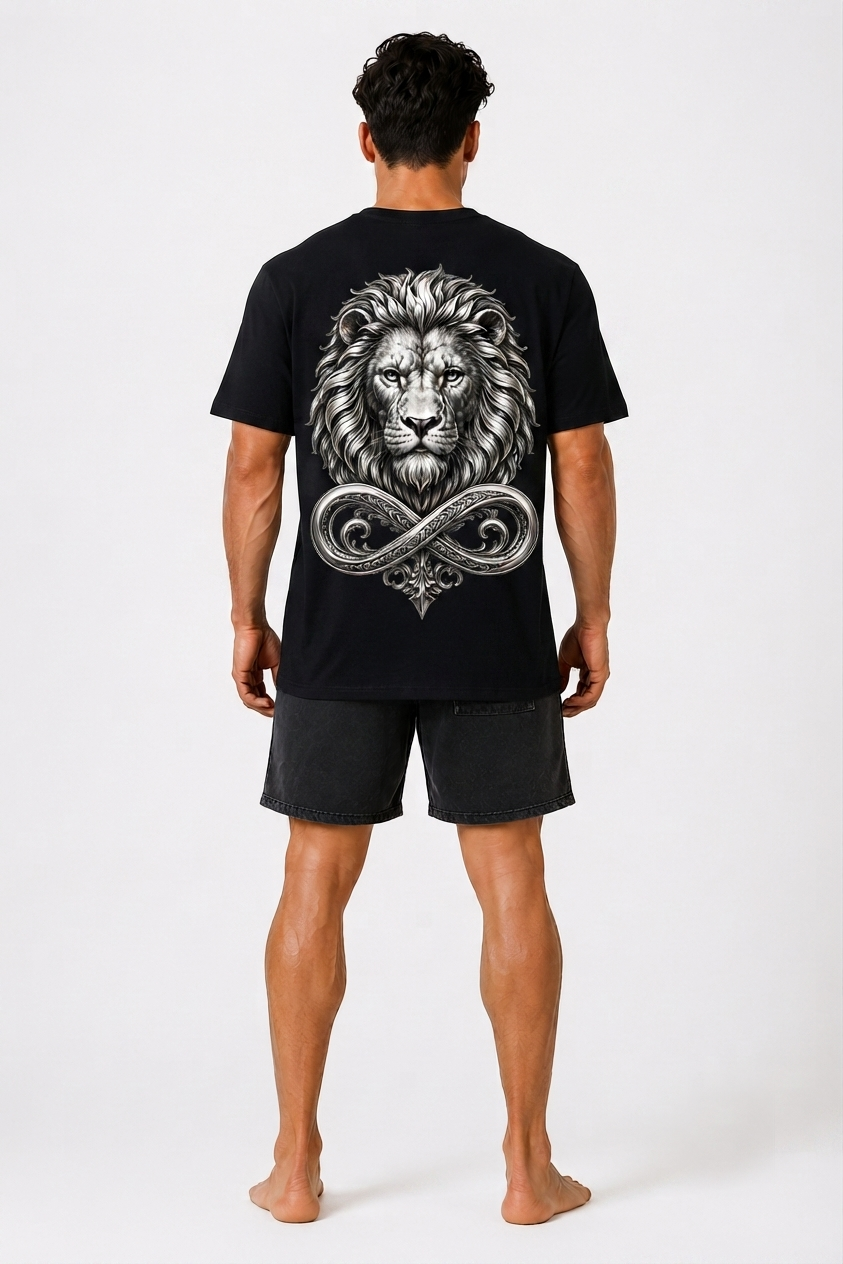 Model wearing the DOMIN8NY Lion graphic T-shirt, back view