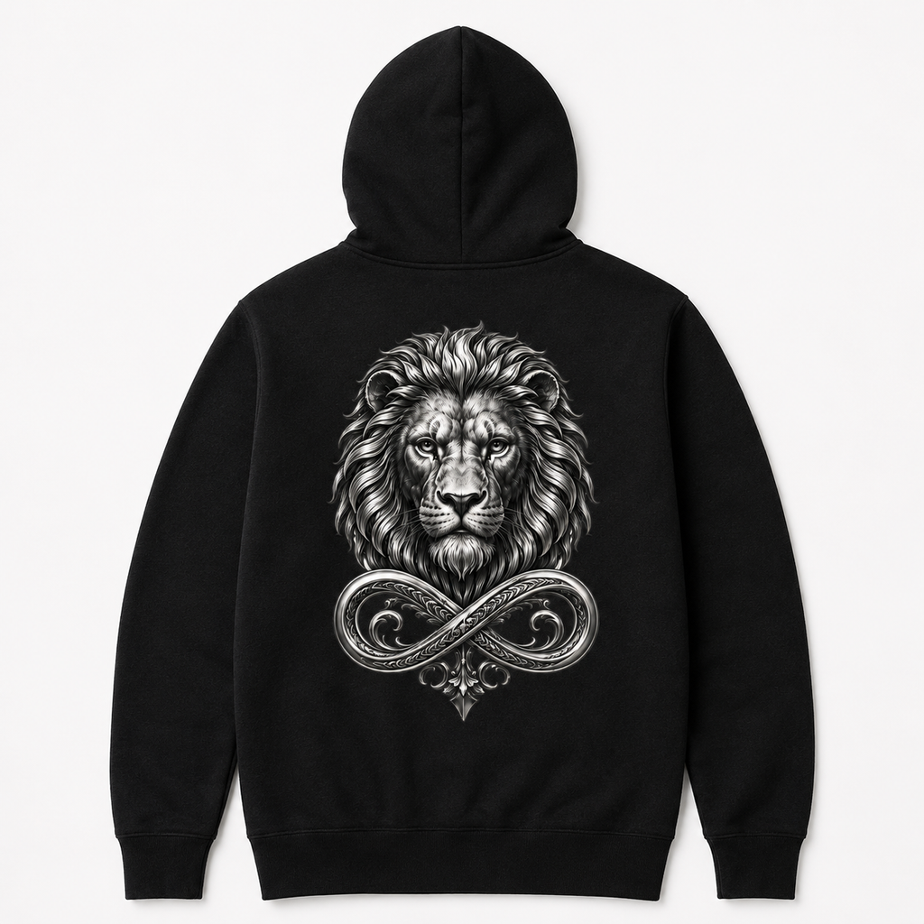 Model wearing the black DOMIN8NY Lion zip-up hoodie, video preview