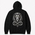 Model wearing the black DOMIN8NY Lion zip-up hoodie, video preview