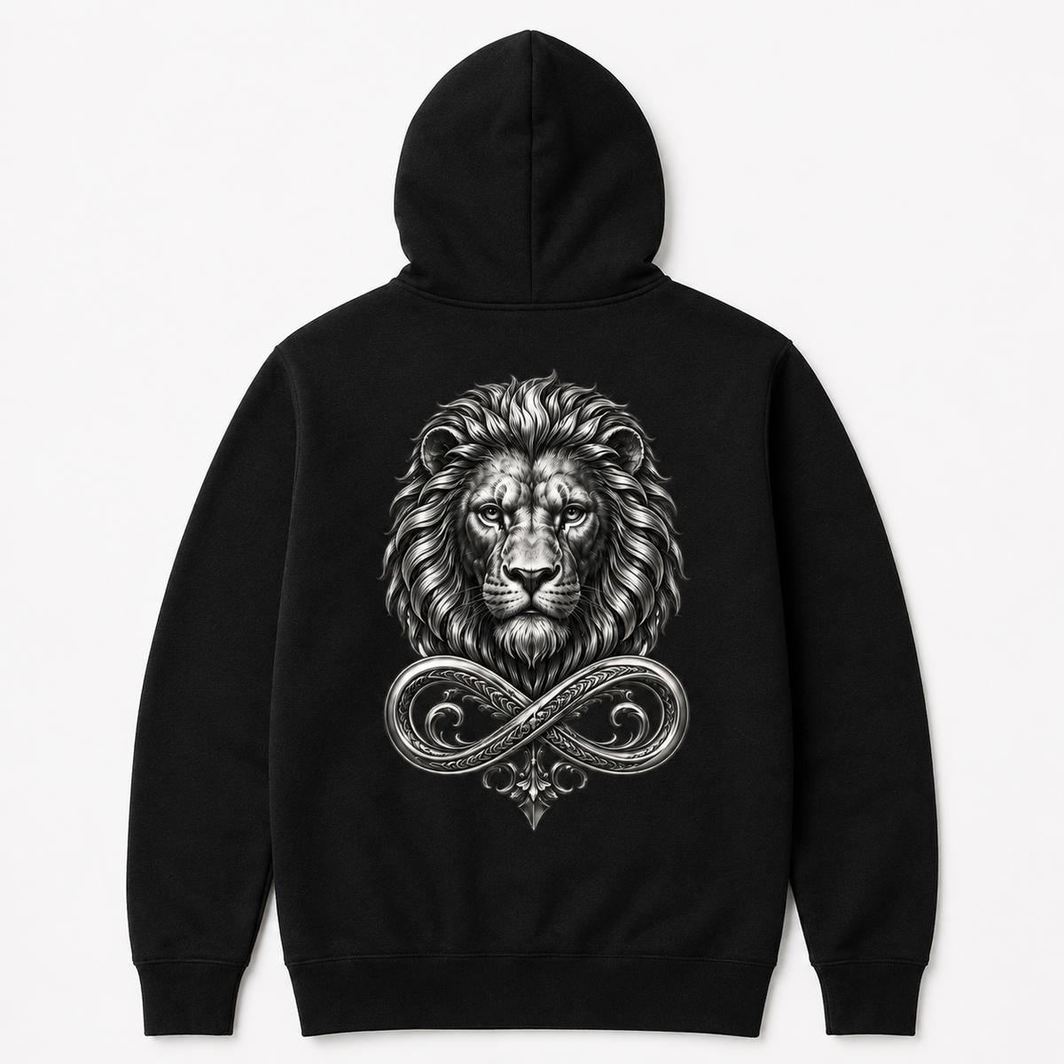Model wearing the black DOMIN8NY Lion zip-up hoodie, video preview
