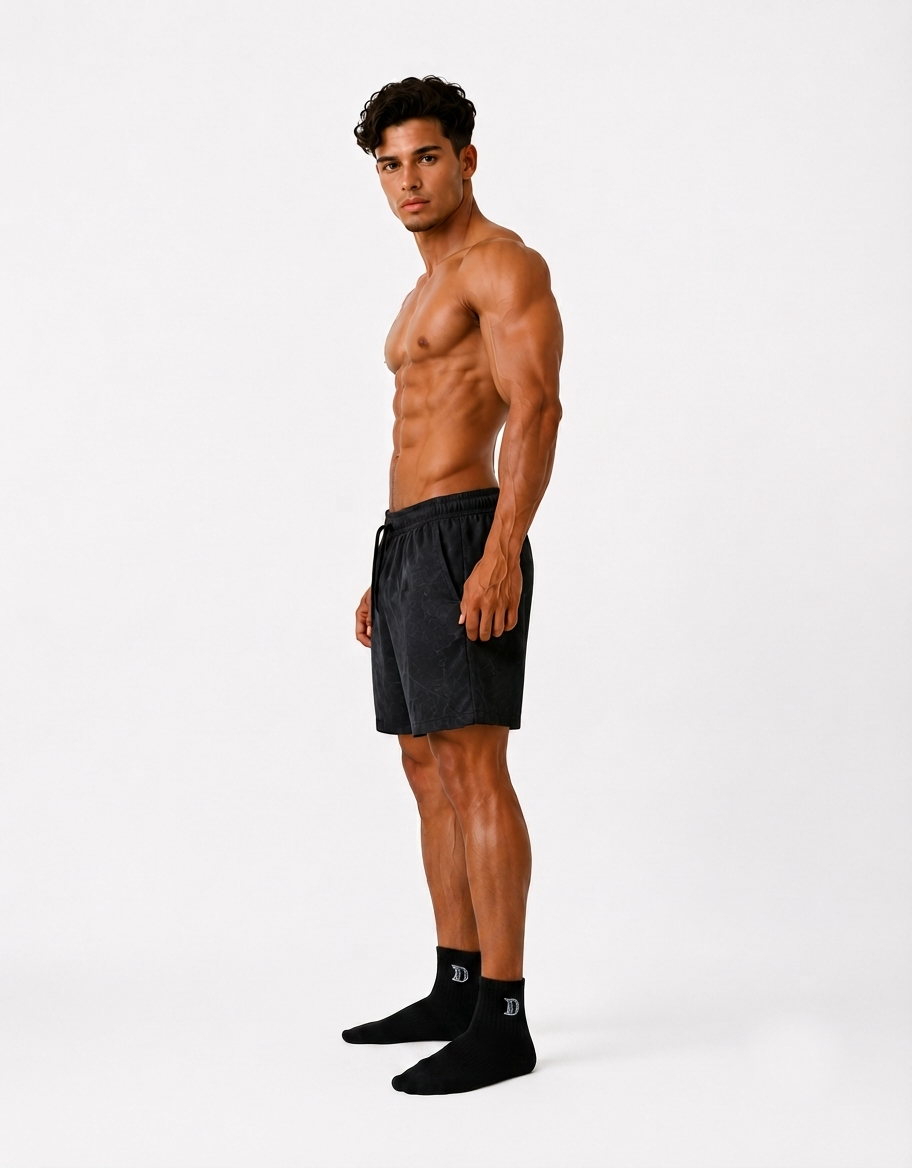 Model wearing DOMIN8NY embroidered mid-calf socks