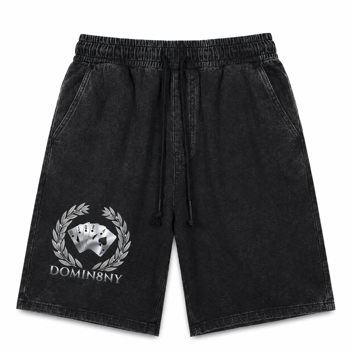 Model wearing the black DOMIN8NY Royal Flush vintage-wash shorts, video preview