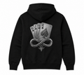 Model wearing the black DOMIN8NY Royal Flush fleece hoodie, video preview