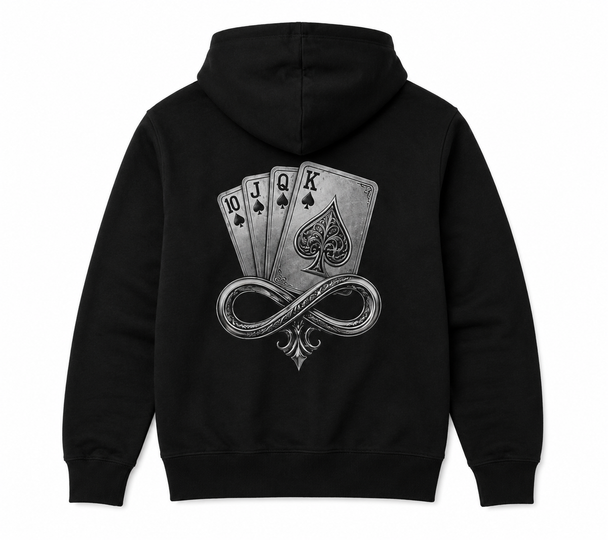 Model wearing the black DOMIN8NY Royal Flush fleece hoodie, video preview