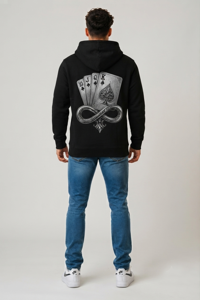 DOMIN8NY Royal Flush graphic fleece hoodie, alternate lifestyle view
