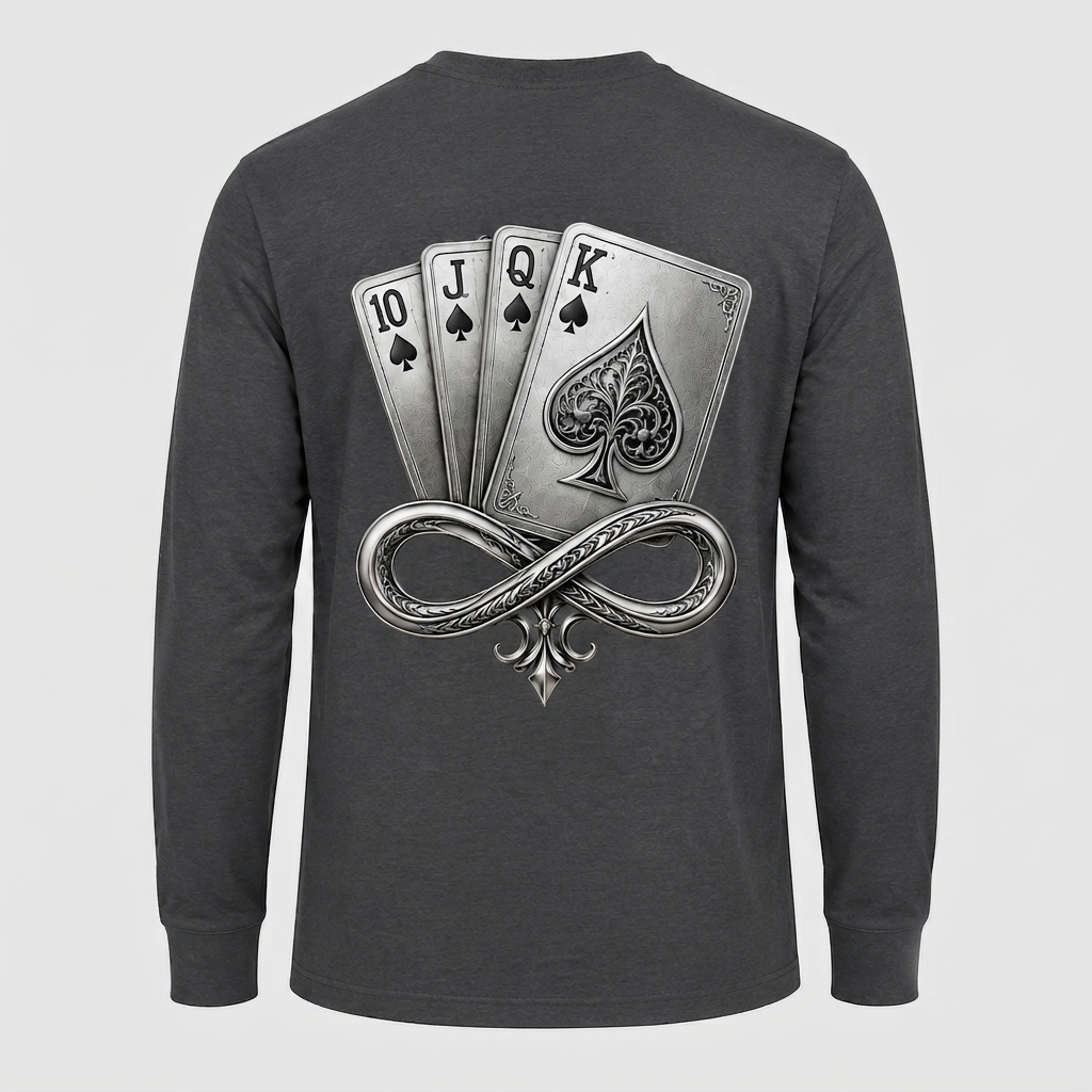 Model wearing the black DOMIN8NY Royal Flush long-sleeve T-shirt, video preview