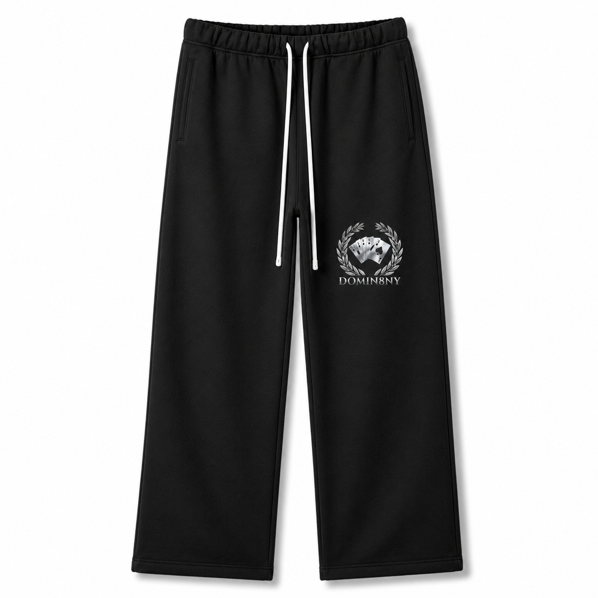 Model wearing the black DOMIN8NY Royal Flush straight-leg pants, video preview