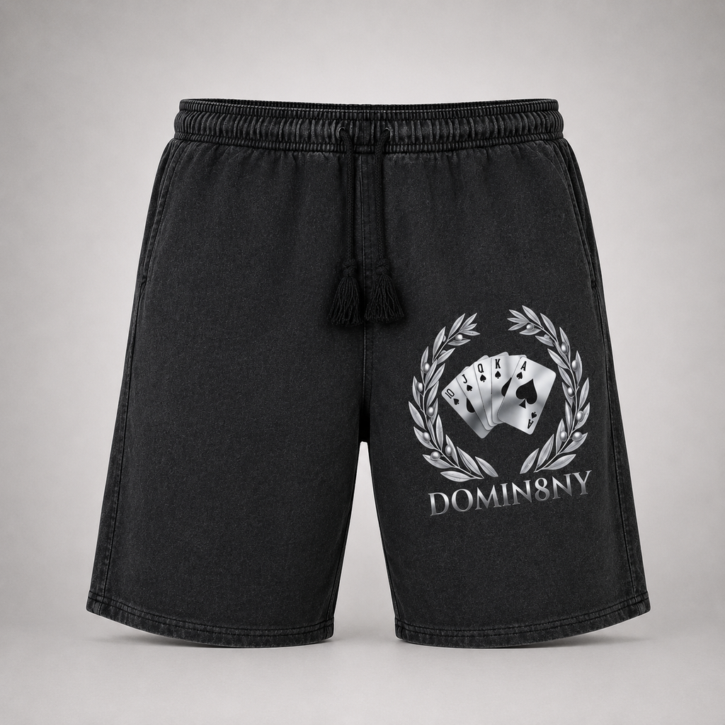 Model wearing the black DOMIN8NY Royal Flush casual shorts, video preview