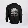Model wearing the black DOMIN8NY Royal Flush graphic sweatshirt, video preview