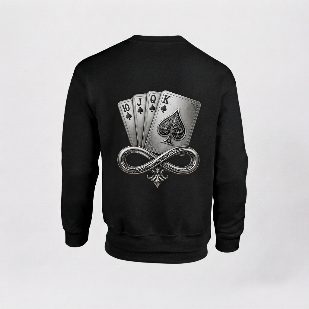 Model wearing the black DOMIN8NY Royal Flush graphic sweatshirt, video preview