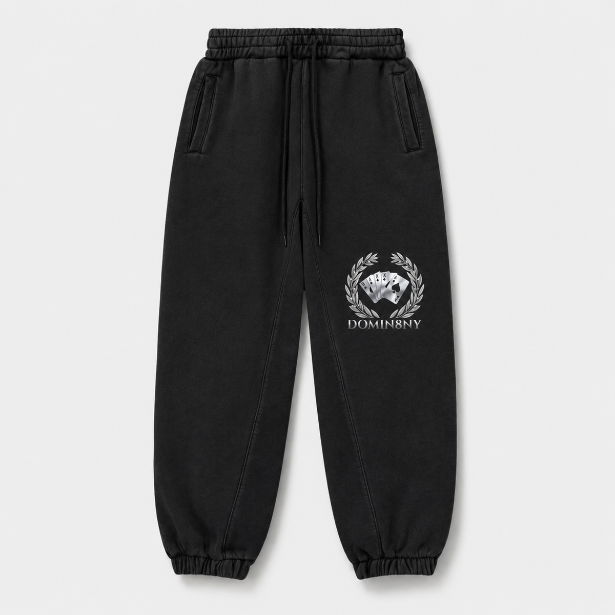 Model wearing the black DOMIN8NY Royal Flush fleece sweatpants, video preview