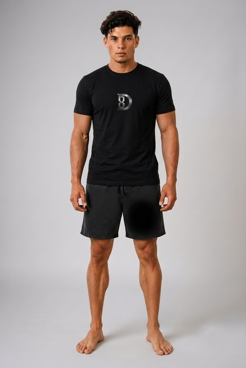Model wearing the DOMIN8NY Royal Flush graphic T-shirt, front view