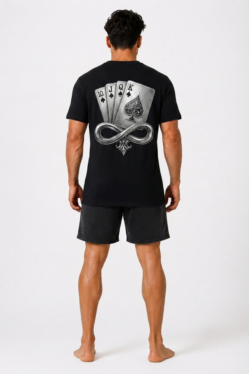 Model wearing the DOMIN8NY Royal Flush graphic T-shirt, back view