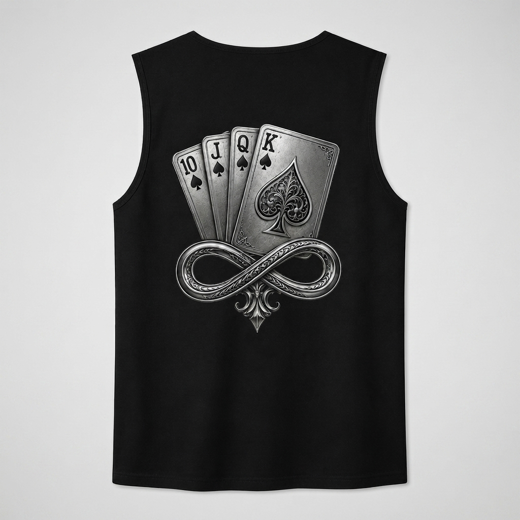 Model wearing the black DOMIN8NY Royal Flush graphic tank top, video preview