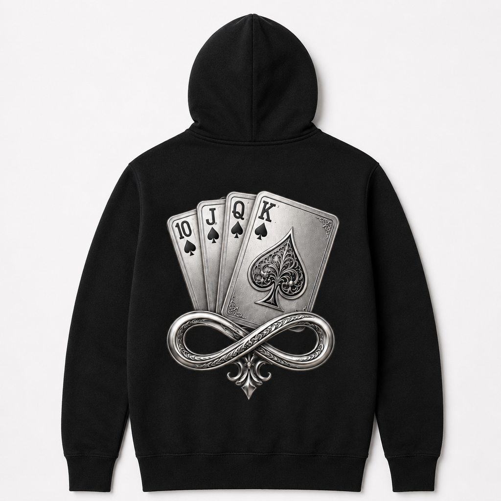 Model wearing the black DOMIN8NY Royal Flush zip-up hoodie, video preview