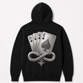 Model wearing the black DOMIN8NY Royal Flush zip-up hoodie, video preview