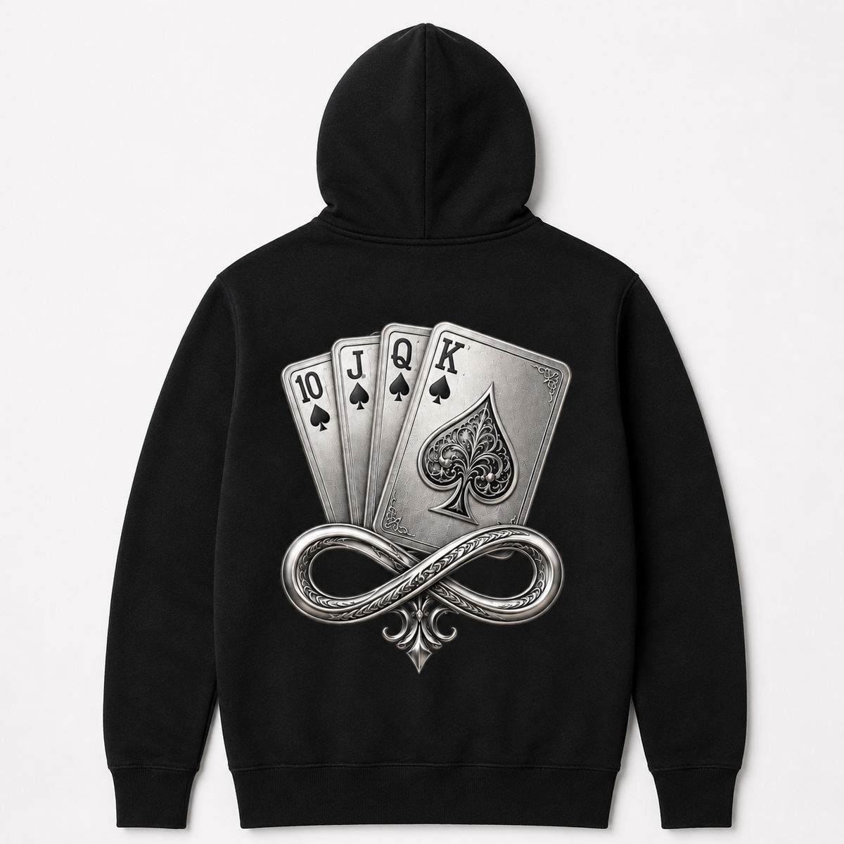 Model wearing the black DOMIN8NY Royal Flush zip-up hoodie, video preview