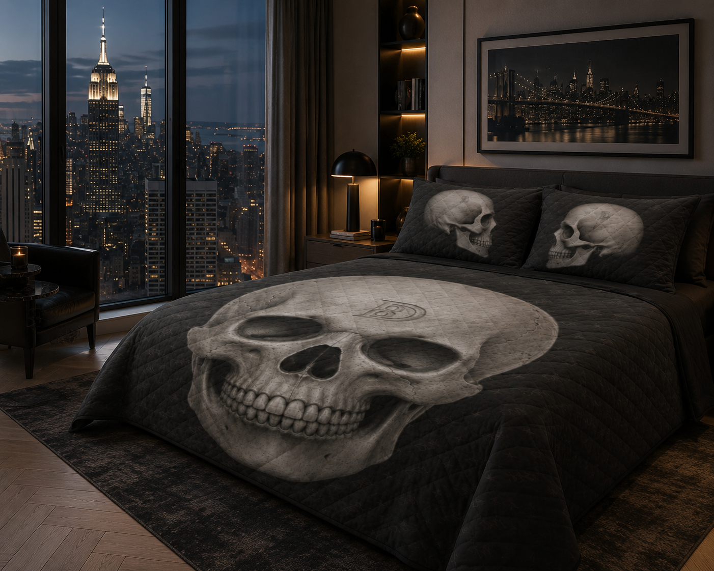 Skull Quilt & Pillow Cases With  Edge-wrapping Strips