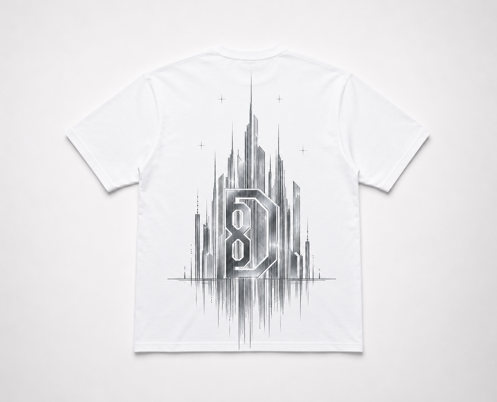 Model wearing the black DOMIN8NY NYC Skyline T-shirt, video preview