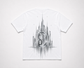 Model wearing the black DOMIN8NY NYC Skyline T-shirt, video preview