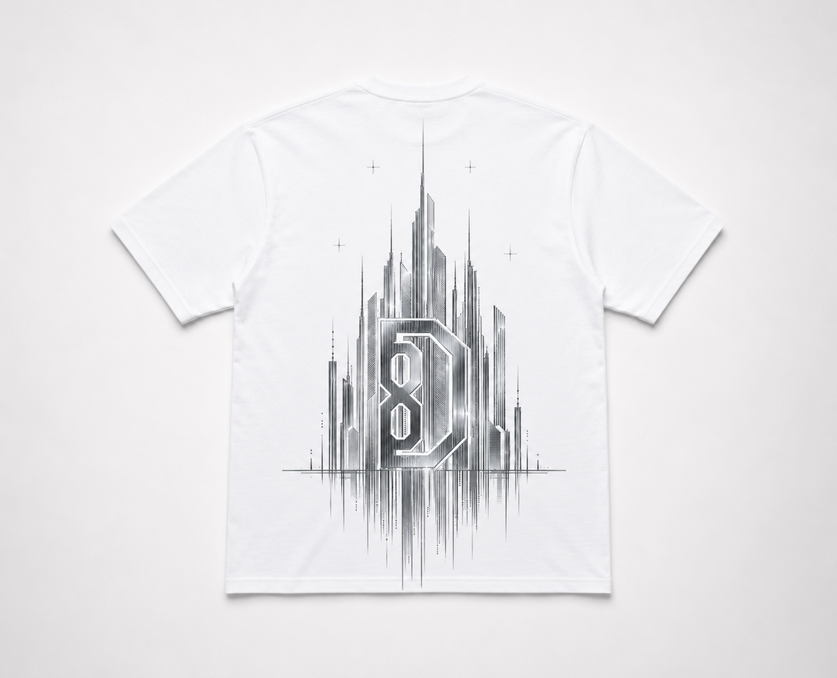 Model wearing the black DOMIN8NY NYC Skyline T-shirt, video preview