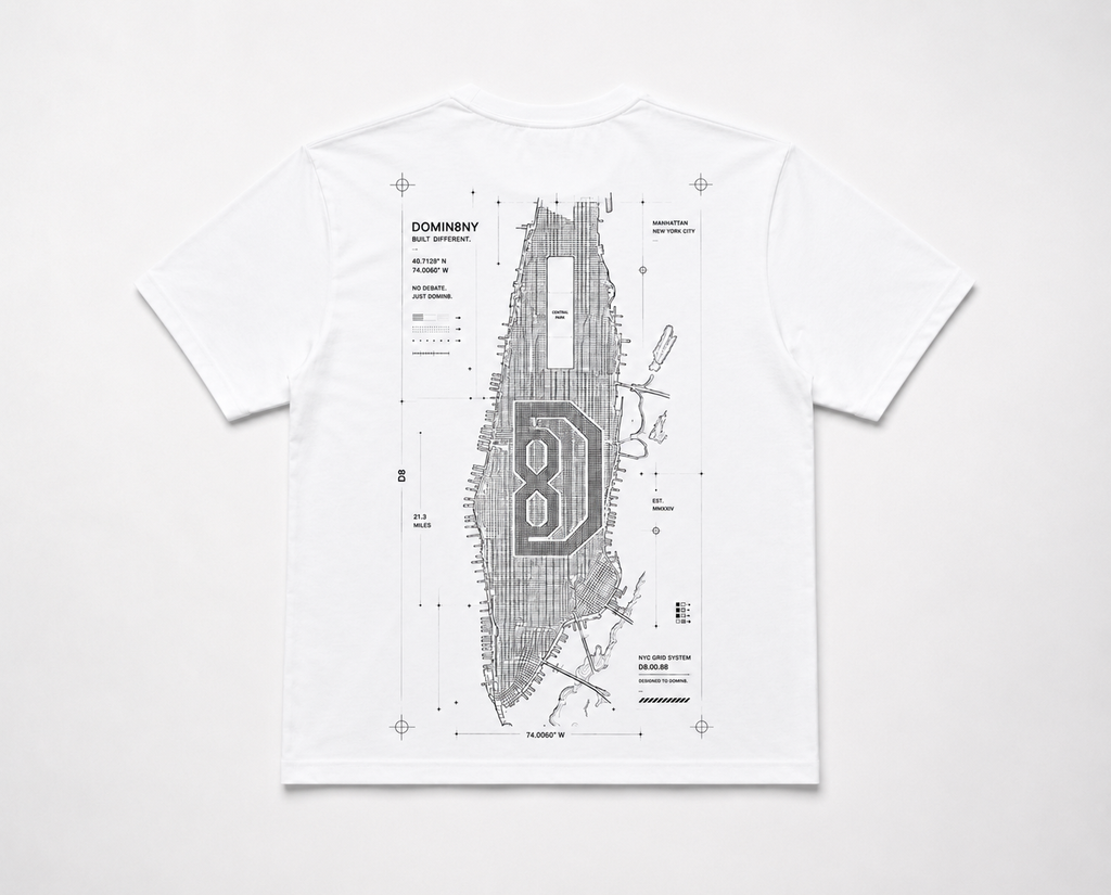 Model wearing the black DOMIN8NY NYC Street Grid T-shirt, video preview