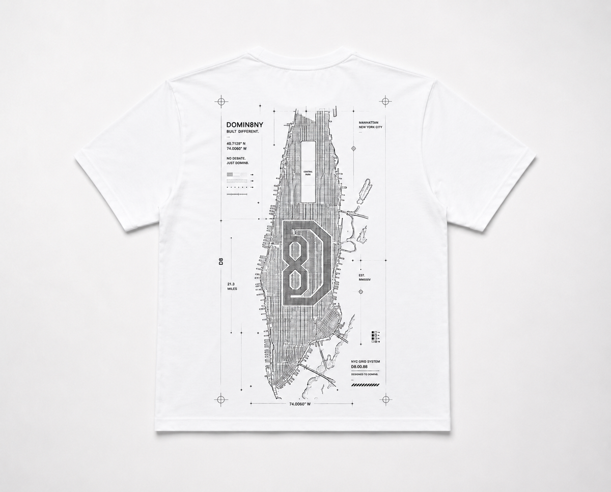 Model wearing the black DOMIN8NY NYC Street Grid T-shirt, video preview