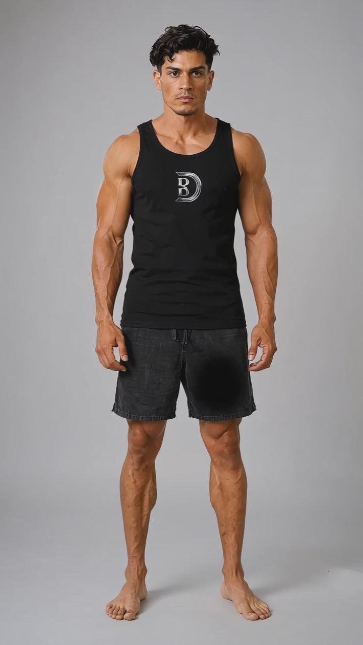 Model wearing the black DOMIN8NY Lion graphic tank top, front view