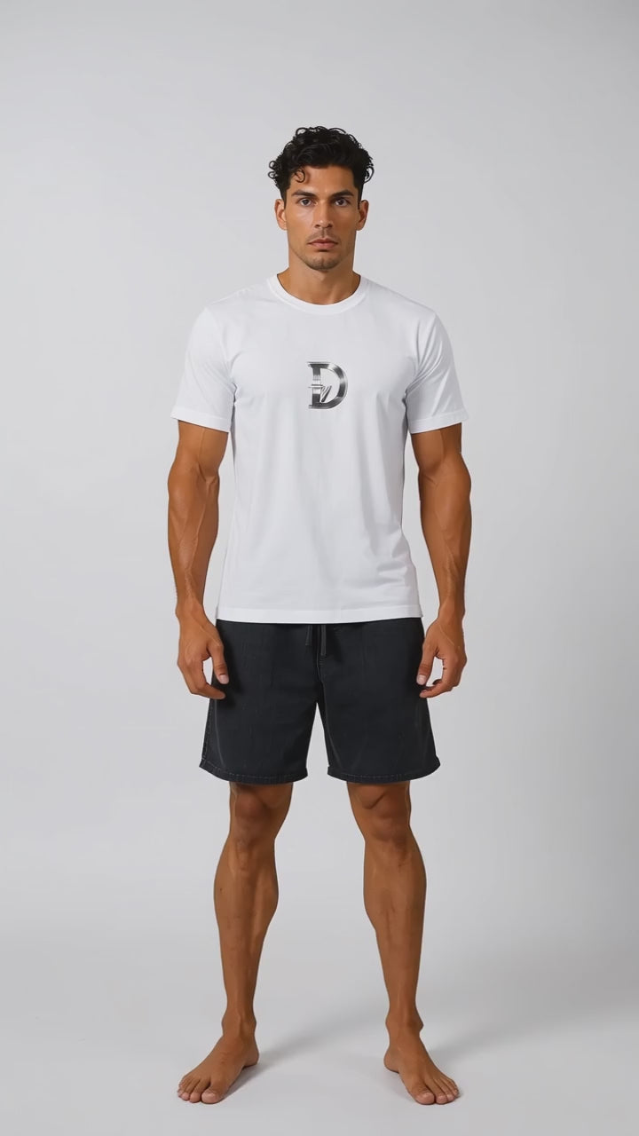 Model wearing the black DOMIN8NY NYC Street Grid T-shirt, front view