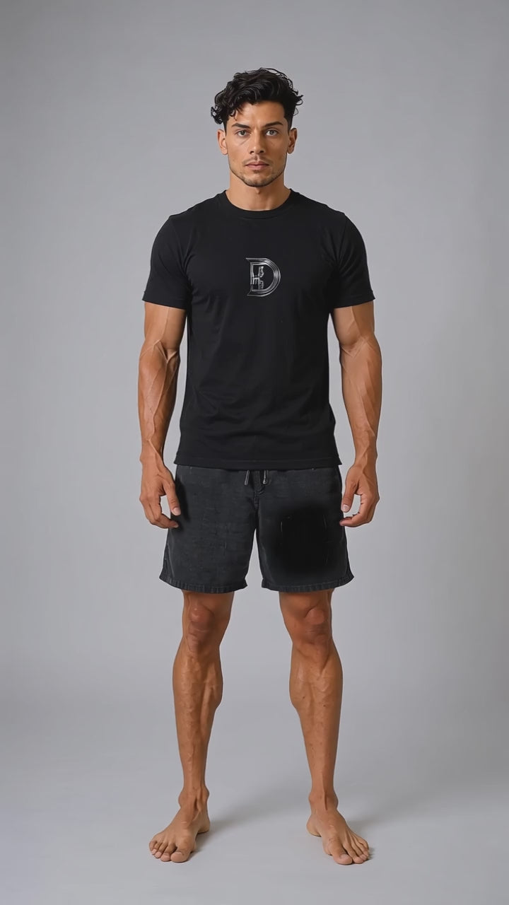 Model wearing the DOMIN8NY Royal Flush graphic T-shirt, video preview