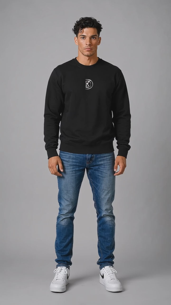 Model wearing the black DOMIN8NY Lion graphic sweatshirt, front view