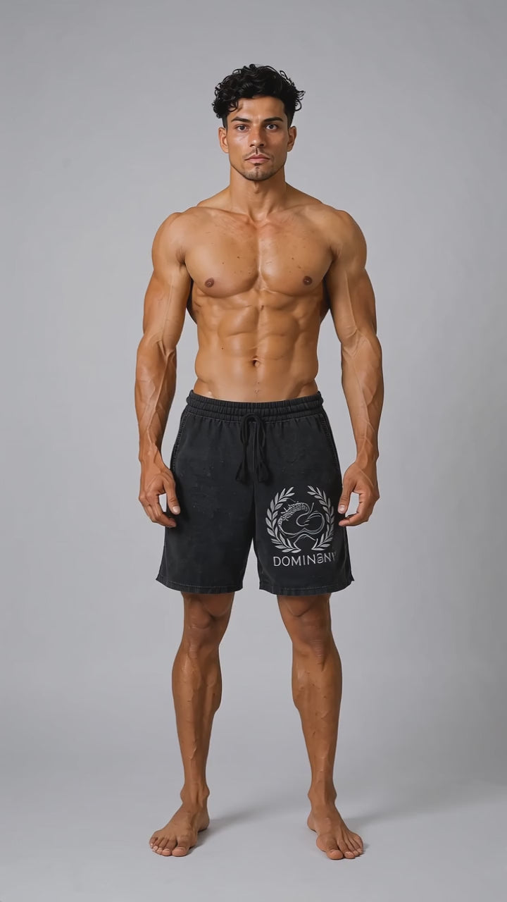 Model wearing the black DOMIN8NY Dragon casual shorts, front view