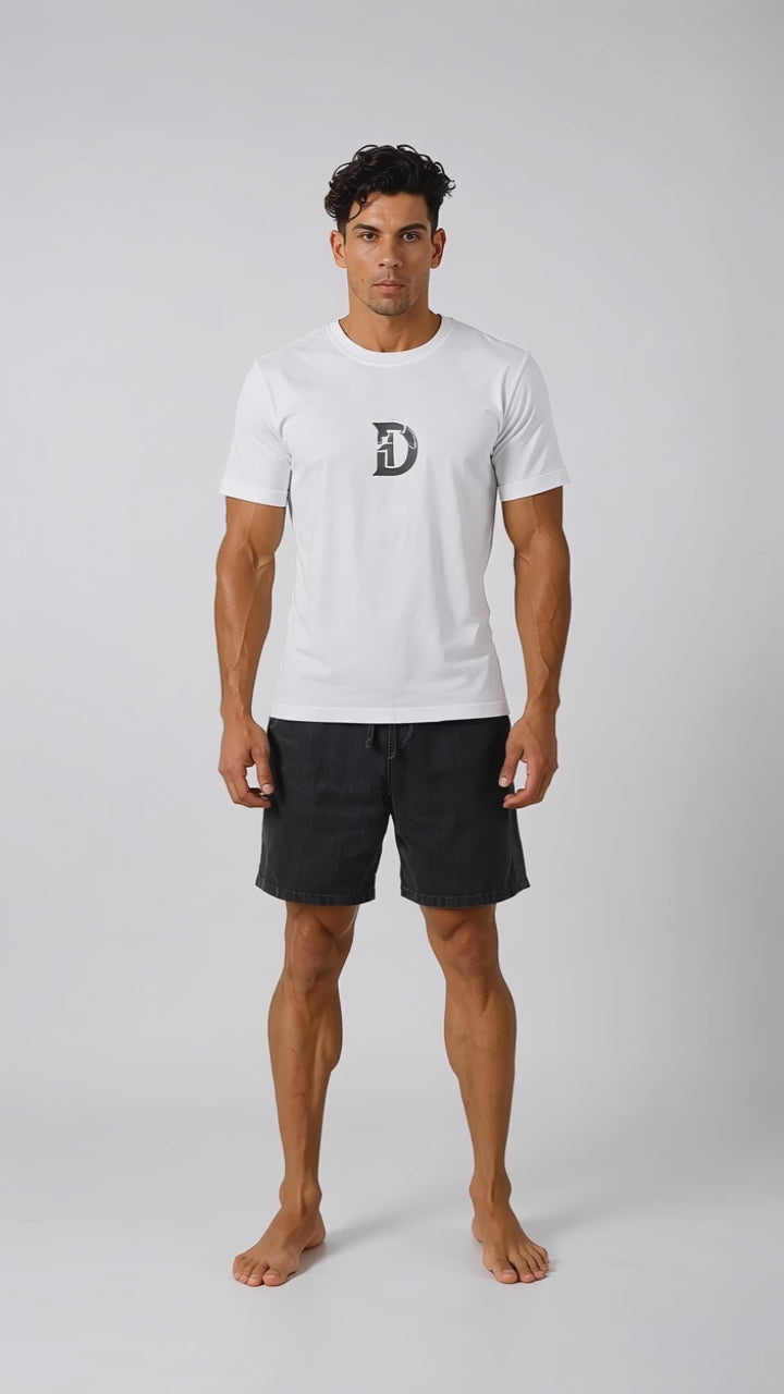 Model wearing the black DOMIN8NY NYC Skyline T-shirt, front view
