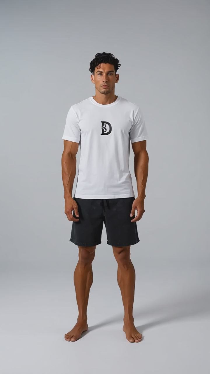 Model wearing the black DOMIN8NY NYC Blueprint T-shirt, front view