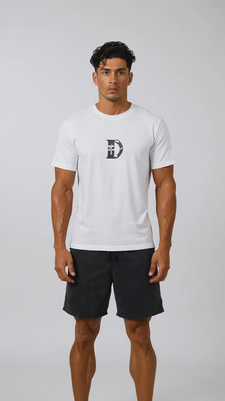 Model wearing the black DOMIN8NY NYC Architect T-shirt, front view