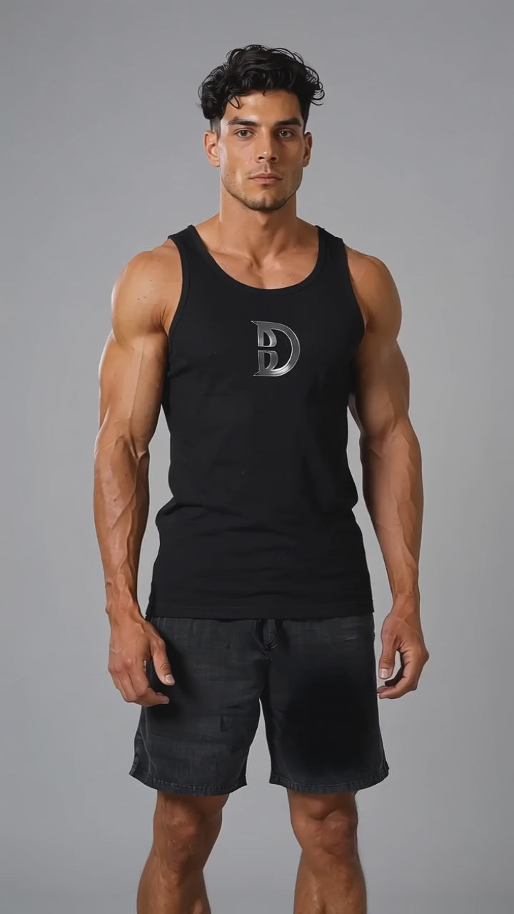 Model wearing the black DOMIN8NY Dragon graphic tank top, front view