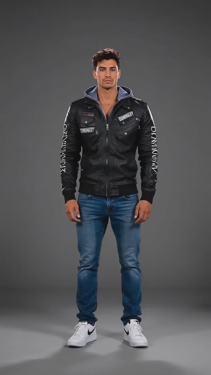 Model wearing the black DOMIN8NY hooded zip-up jacket, back view